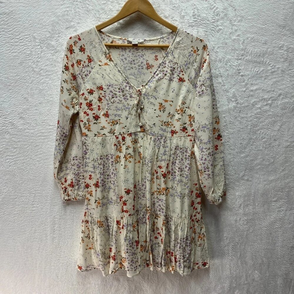 American Eagle Floral Tunic Mini Dress Boho Prairie Medium Beige Country Rodeo